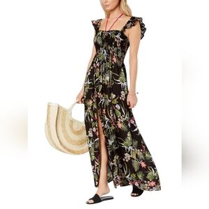 Raviya Floral Ruffle Maxi Dress Swimsuit Cover-Up Black Size Medium NWOT